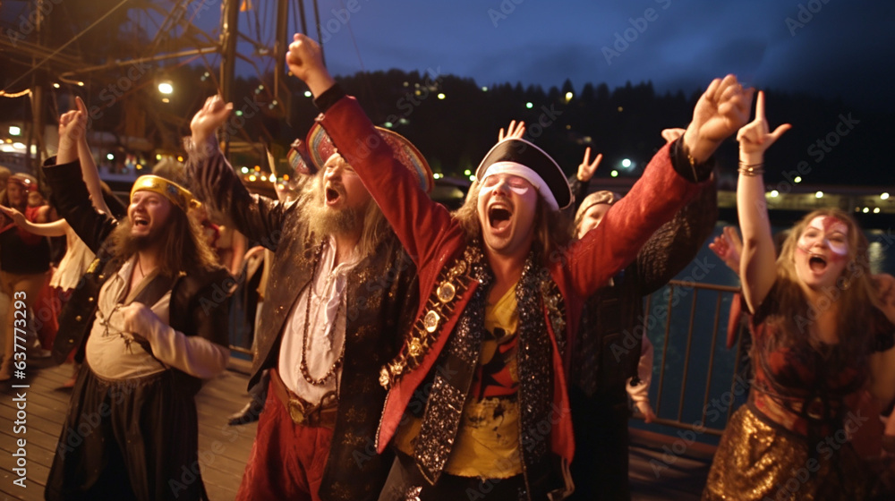 Fototapeta premium Group of local of the dressed in pirate costumes American city of Albany in Oregon celebrate International Pirate Day, lively pirate party onboard ship. Banner. Generative Ai content.