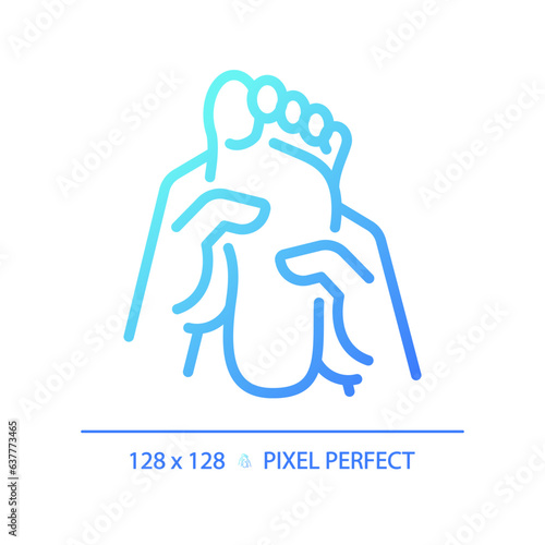 2D pixel perfect blue gradient foot massage icon, isolated vector, thin line illustration.