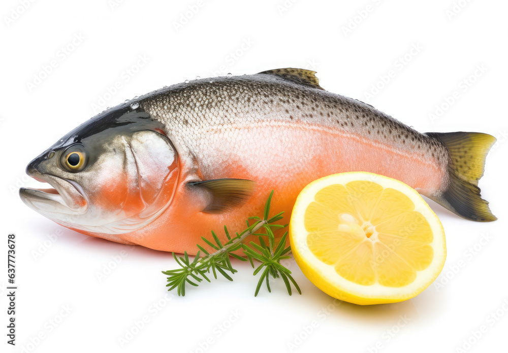 Fresh salmon fish with lemon isolated on white Fresh salmon fish with lemon isolated on white