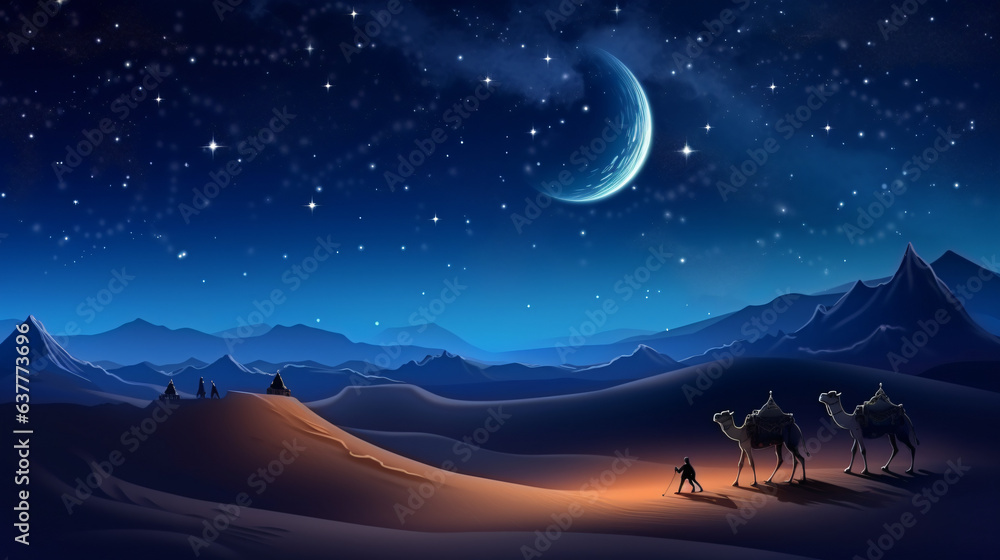 Camels in the desert at night