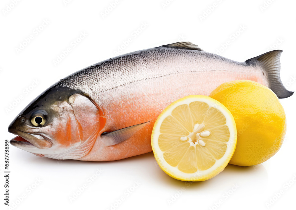 Fresh salmon fish with lemon isolated on white Fresh salmon fish with lemon isolated on white