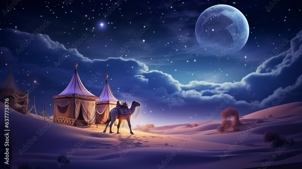 Camels in the desert at night
