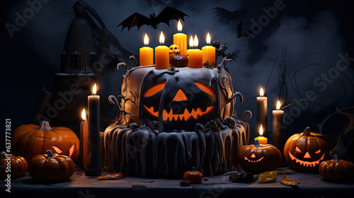Celebratory Cake with with a skull, candles, bats and pumpkins on Halloween party on dark background. Generative AI.