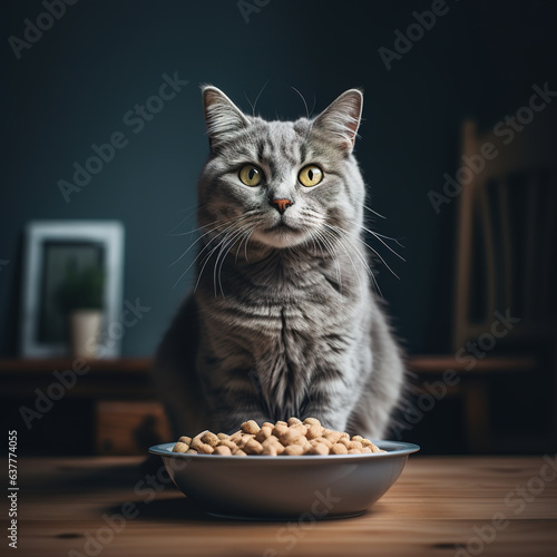 A gray  cat is sitting, there is a bowl of food in front of him. 