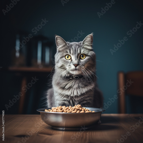 A gray cat is sitting, there is a bowl of food in front of him. 