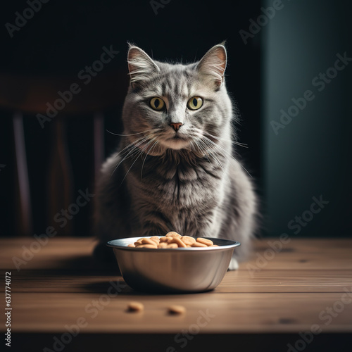 A gray  cat is sitting  there is a bowl of food in front of him. 