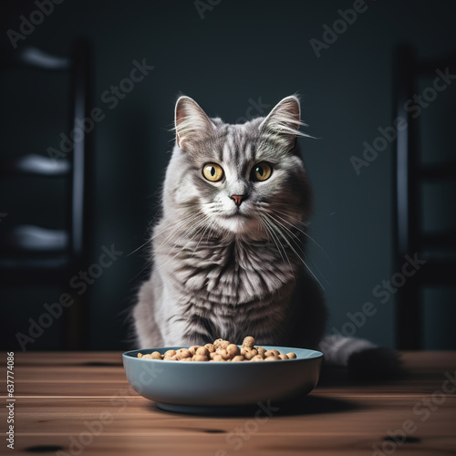 A gray  cat is sitting, there is a bowl of food in front of him. 