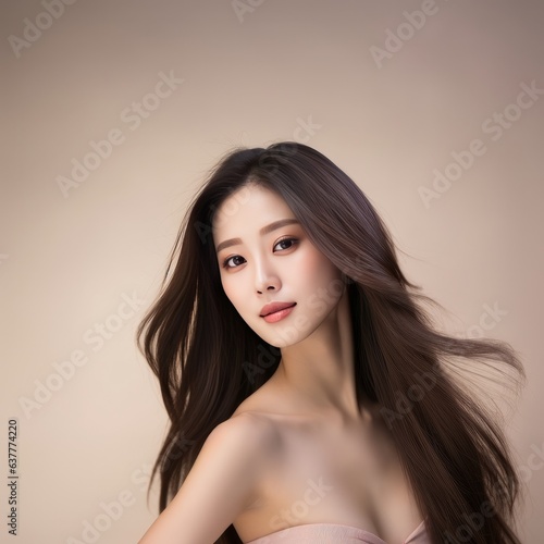 Young beautiful asian female model with long hair on the neutral background