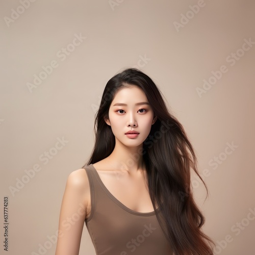 Young beautiful asian female model with long hair on the neutral background