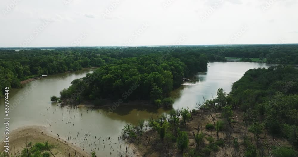 Vegetated River Creek On Protected Nature Of Riverfront Park Near Twin City, Little Rock, Arkansas USA. Aerial Shot Vegetated River Creek On Protected Nature Of Riverfront Park Near Twin City, Little Rock, Arkansas USA. Aerial Shot