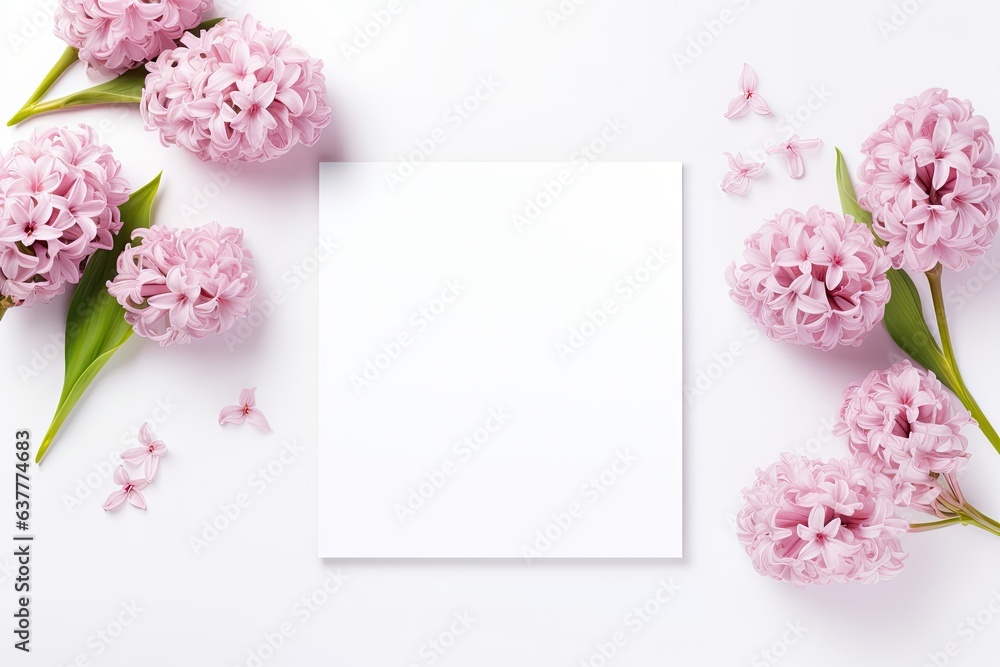 Spring Blooms Greeting: Hyacinth Flowers with Card on White Background
