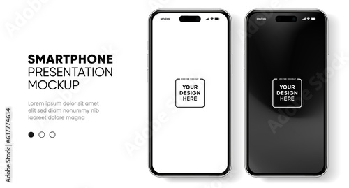 3D realistic high quality smartphone mockup with isolated background. Smart phone mockup collection. Device front view. 3D mobile phone with shadow on white background.