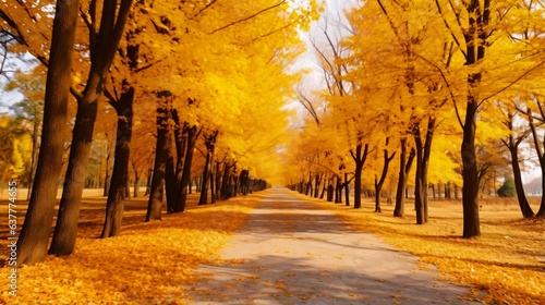 黄色く紅葉するイチョウ並木、道路に積もる秋の落ち葉 photo