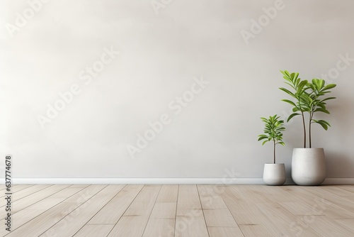 3D Rendered Space Empty Room with Plants on White Plastered Wall and Flooring