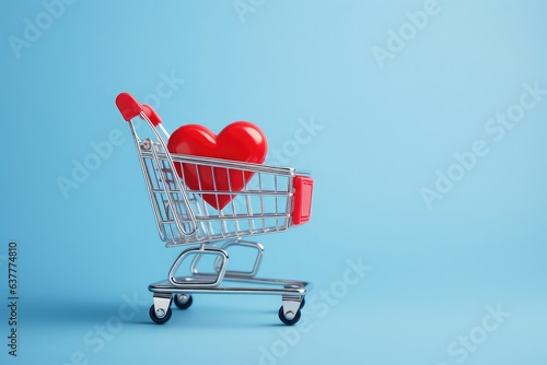 Valentines Shopping: Trolley with Red Heart on Blue Background

