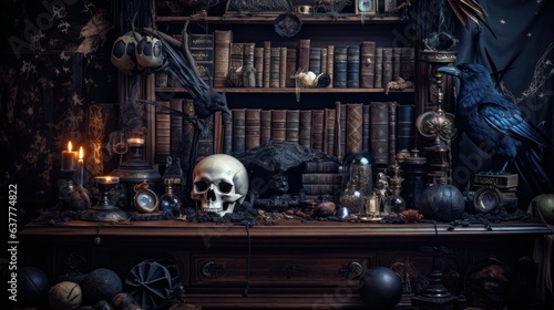 Dark gothic bookshelf with scull and crows © Darya