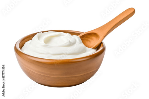 Sour Cream in Wooden Bowl and Spoon - Generative AI