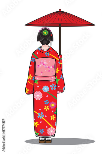 Art drawing - Back of Japanese woman Geisha or maiko holding red umbrella dress in red official kimono with flower pattern drawing in colorful cartoon vector
