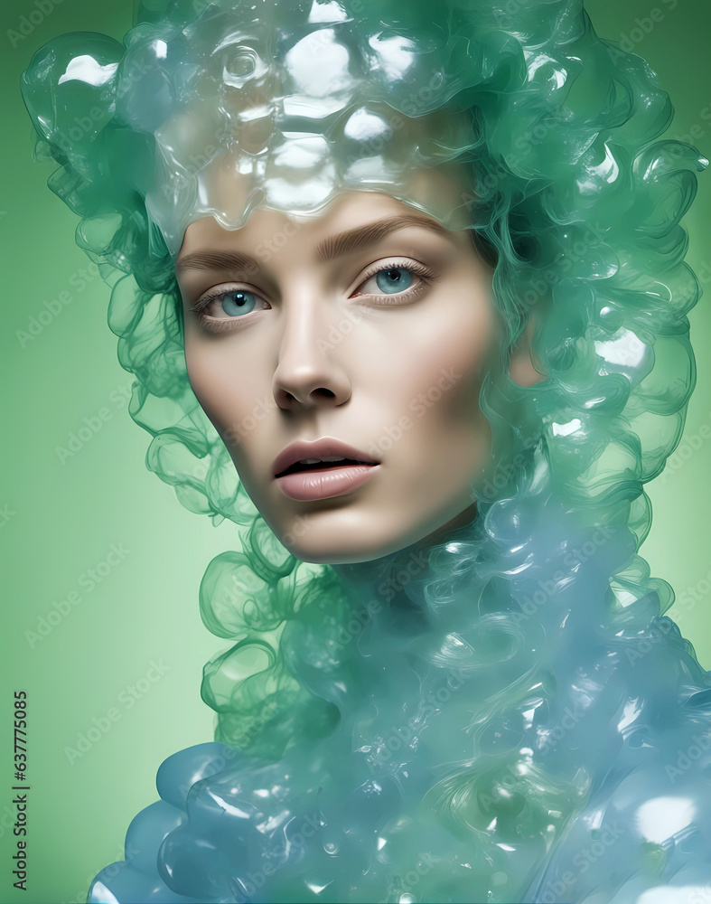 surreal fashion portrait that blends contemporary art snd design,made of plasticiet and recycled plastic bottle