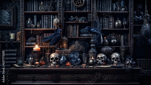 Dark gothic bookshelf with scull and crows