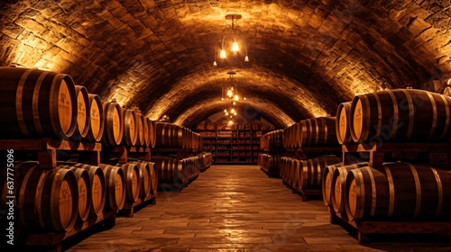 ワインの樽が並ぶワイナリーの地下貯蔵庫 photo