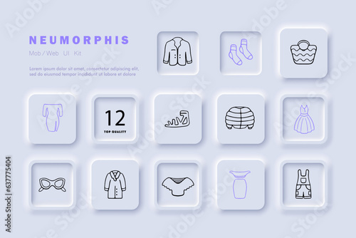 Clothing line icon. Down jacket, jacket, glasses, sandals, coat, dress, jumpsuit. Neomorphism style. Vector line icon for Business