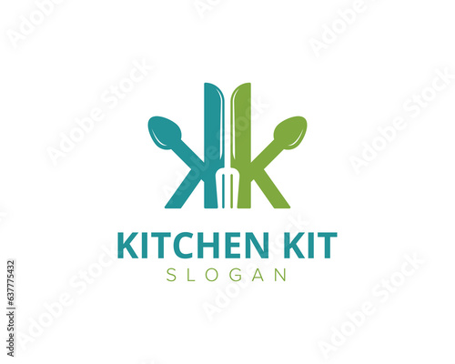 Kitchen logo design. Letter K with spoon, fork and knife for kitchen logo