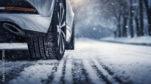 Car tires on winter road covered with snow © Johnu