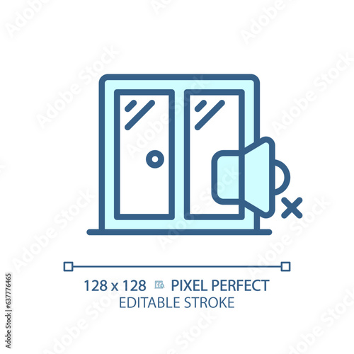 2D pixel perfect editable soundproof windows blue icon, isolated vector, soundproofing thin line illustration.