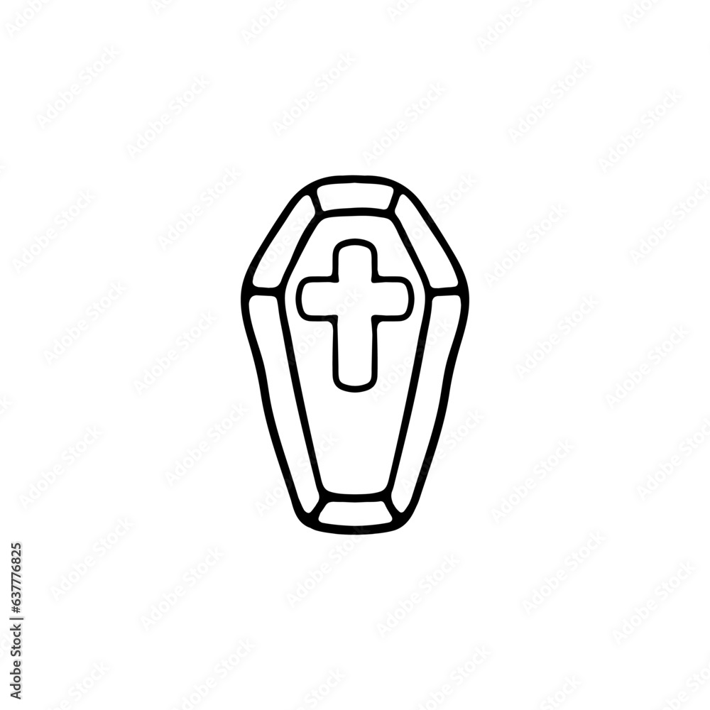 Coffin line icon. Religion, cross, funeral, cemetery, funeral ritual, epitaph. Vector black line icon on white background for Business Coffin line icon. Religion, cross, funeral, cemetery, funeral ritual, epitaph. Vector black line icon on white background for Business