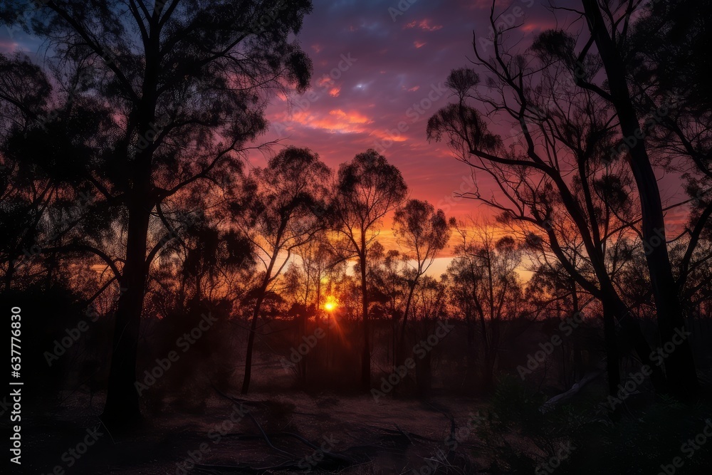 Fototapeta premium A beautiful sunset behind a silhouette of trees