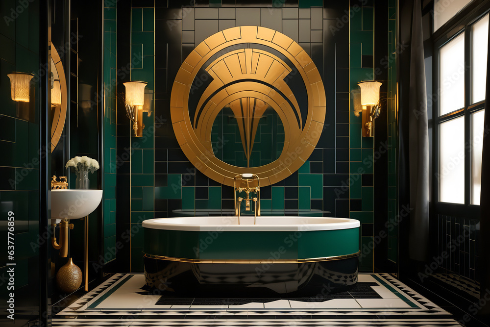 The flamboyance of the Art Deco era is captured with vibrant colors and striking geometric tiles in this stylish bathroom