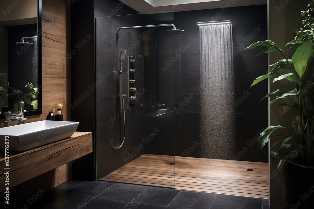 A sleek modern bathroom design emphasizes a calming rainfall shower and warm wooden elements, blending nature and innovation A sleek modern bathroom design emphasizes a calming rainfall shower and warm wooden elements, blending nature and innovation
