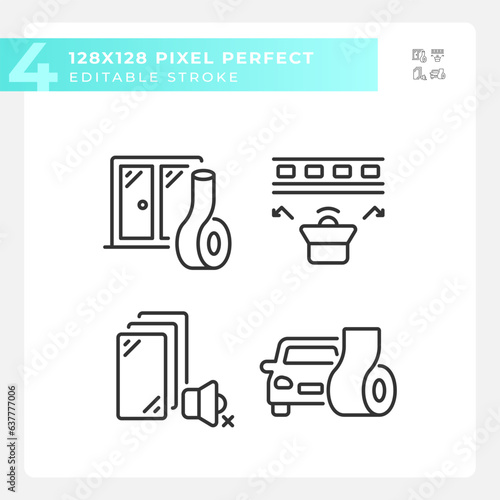 Pixel perfect black icons set representing soundproofing, editable thin line illustration.
