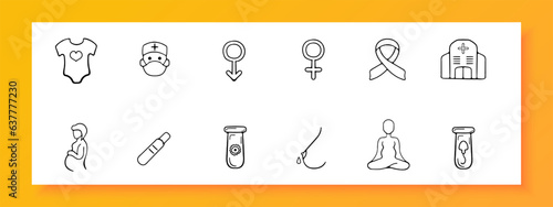Pregnancy line icon. Maternity, test tube, baby clothes, hiv prevention, surrogate motherhood. Vector black line icon on white background for Business