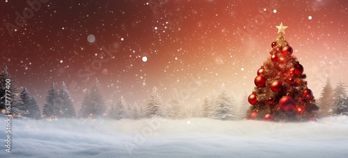 Shiny red Christmas tree on snowy backdrop. Abstract holiday banner.