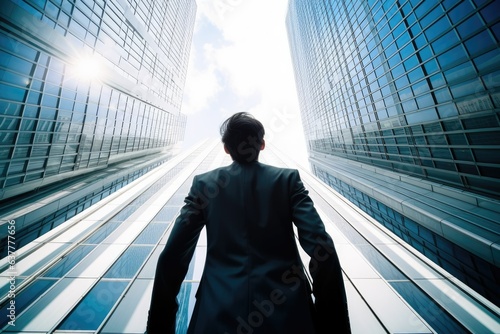 The image features a businessman looking up at a skyscraper from a low angle. He symbolizes challenges and success as he gazes at the high-rise office building.

 Generative AI
