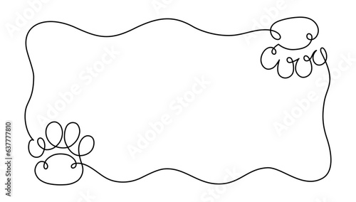 Pet paw single line horizontal frame. Domestic animal footprint black and white outline background.