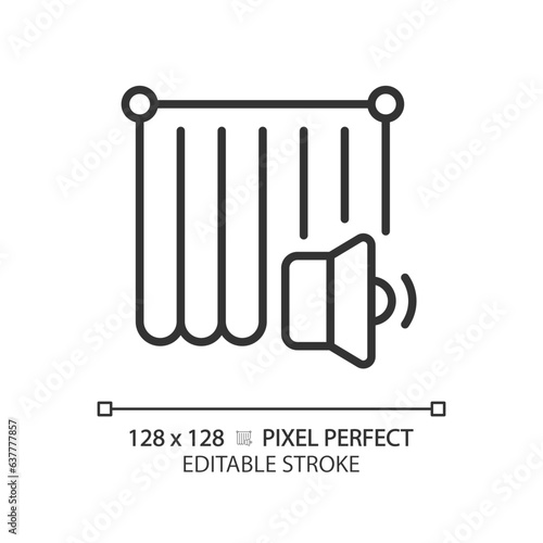 2D pixel perfect editable soundproof curtain black icon, isolated vector, soundproofing thin line illustration.
