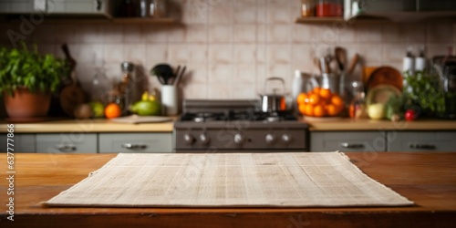 Demonstration table surface. Kitchen table with towel. Empty table.