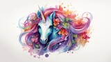 Watercolor unicorn and flowers on white background.
