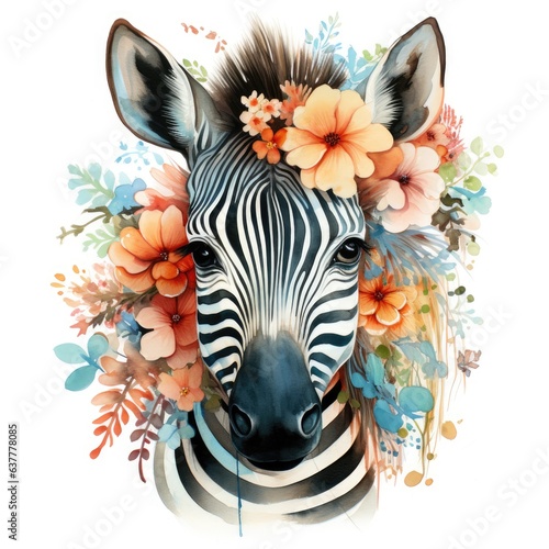  Watercolor portrait of a zebra with flowers isolated on white background 