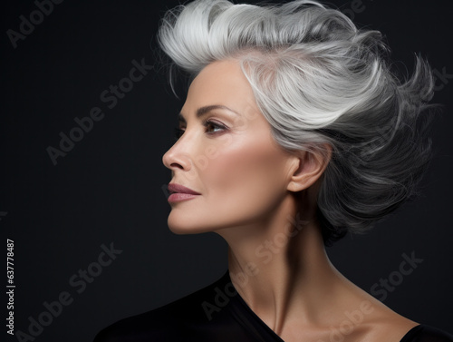 Beautiful and confident older Caucasian woman with grey long bob hairstyle. Concept of natural and positive ageing. Not afraid of the future. 
