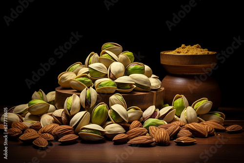 Pistachio nuts and almonds on a wooden table with black background. 