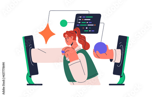 Software engineer testing program, concept. Coder solve, develop database, programmer write code. Information technology, web, mobile development. Flat isolated vector illustration on white background