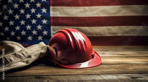 Labor Day first May concept. US flag, gloves and protective red helmet on a rustic wooden background.