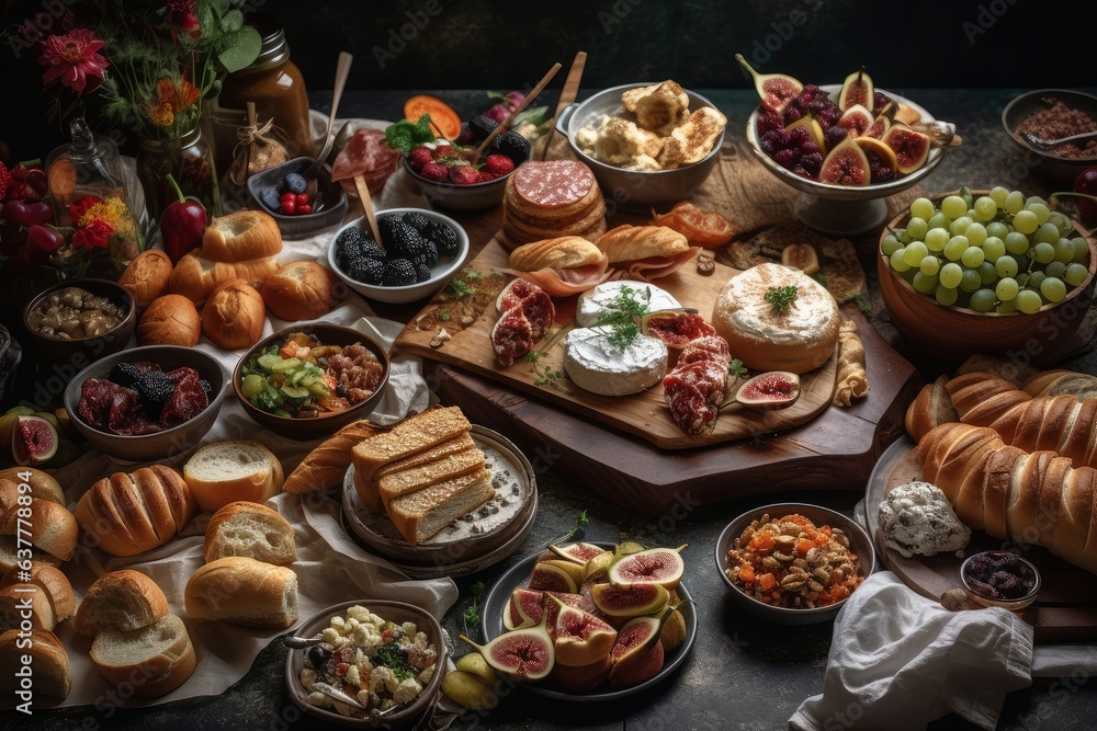 A delicious spread of breads, cheeses, and other delectable treats on a table