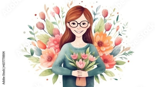 Girl with a bouquet of flowers.