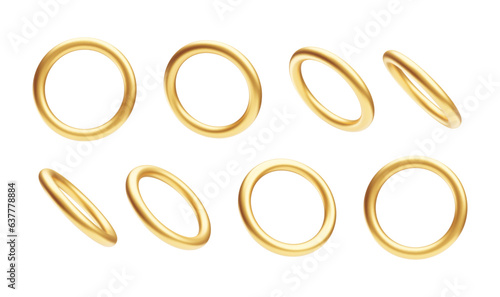 3d falling golden rings, shiny jewelry accessories set. Round shaped shiny metallic objects, decorative design elements realistic vector illustration on white background