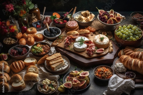 A delicious spread of breads, cheeses, and other delectable treats on a table